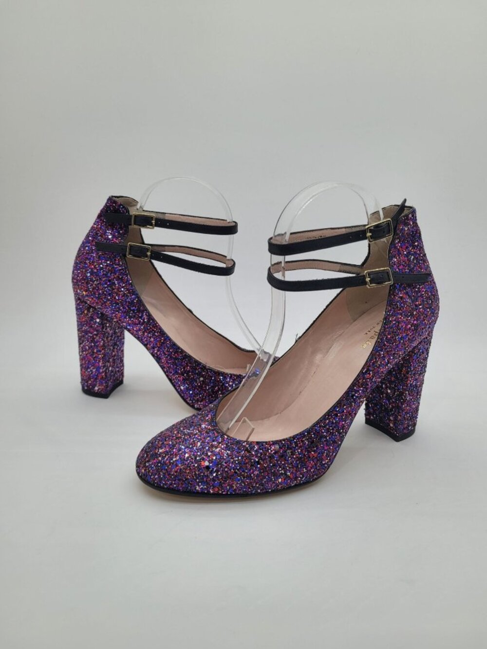 NWOB Kate Spade Baneera Purple Glitter Block Heels Pumps Ankle Strap Size 9.5